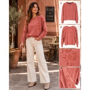 Democracy Womens Small Pink Embroidered Mineral Wash Sweatshirt Boho Cottagecore